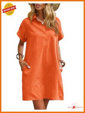 Cotton Shift Dress Short Sleeve Button Down Beach Cover Up with Pockets